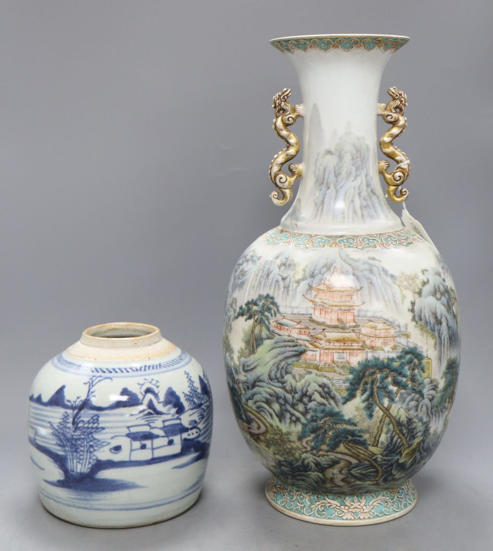A Chinese two handle vase, height 41cm and a blue and white jar